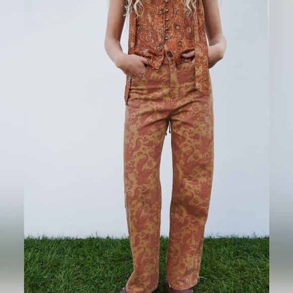 Zara‎ Straight Cut Paisley Printed Jeans - Women's Size S - High Rise BOHO Style - Picture 6 of 12